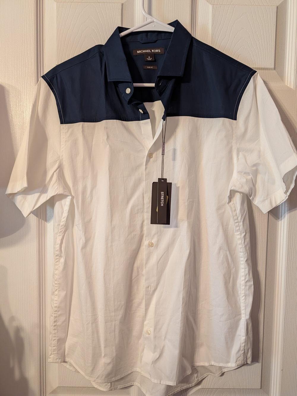 Michael Kors Two-Tone Short Sleeve Button-Up Shirt in Navy and White